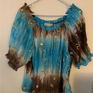 Peter Nygard Blue and Brown Blouse with Flutter Sleeves and Gold Accents